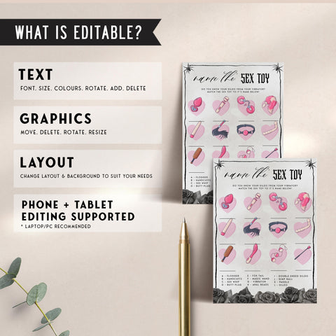 Fully editable and printable bridal shower name the sex toy game with a gothic design. Perfect for a Bride or Die or Death Us To Party bridal shower themed party