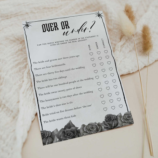 Fully editable and printable bridal shower over or under game with a gothic design. Perfect for a Bride or Die or Death Us To Party bridal shower themed party