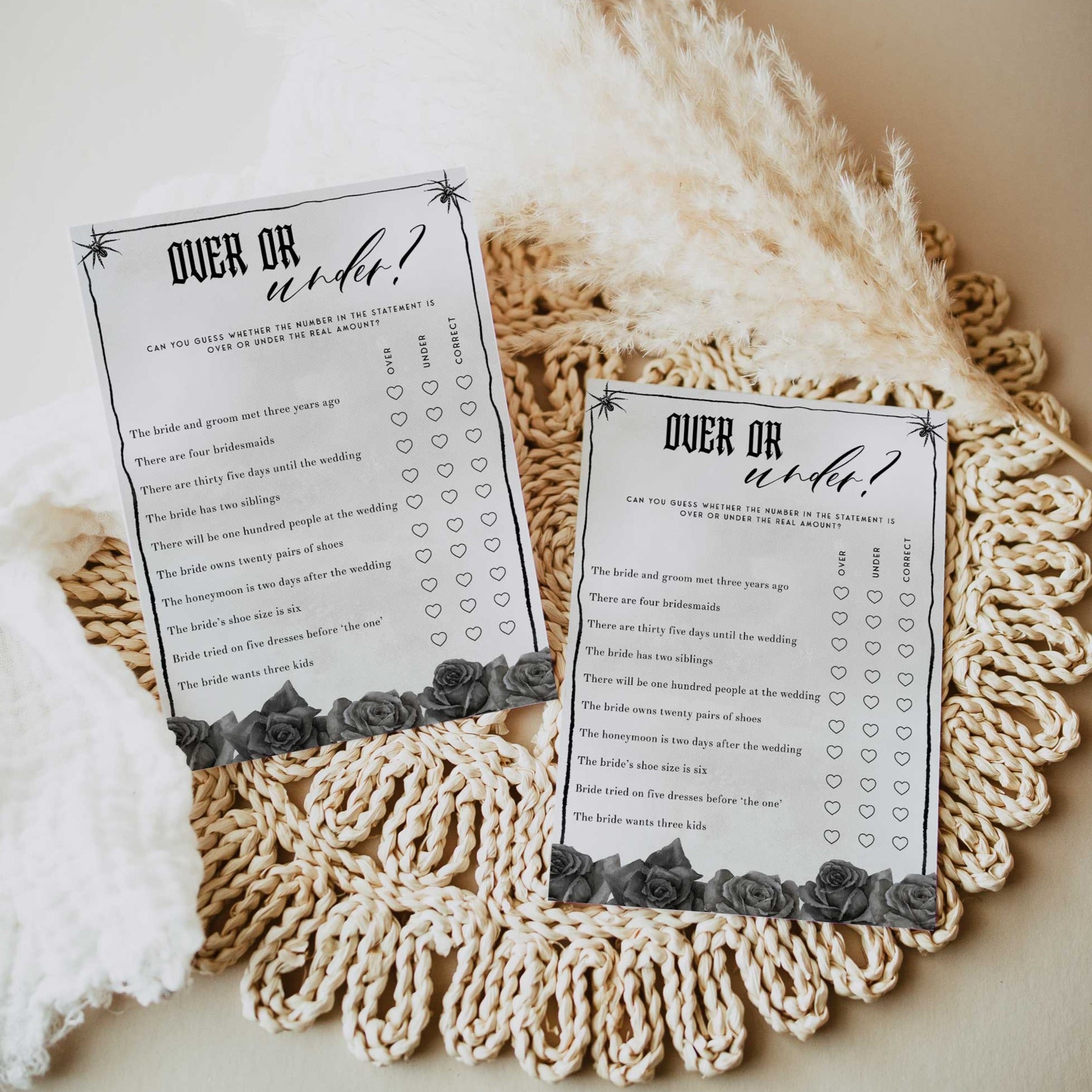 Fully editable and printable bridal shower over or under game with a gothic design. Perfect for a Bride or Die or Death Us To Party bridal shower themed party
