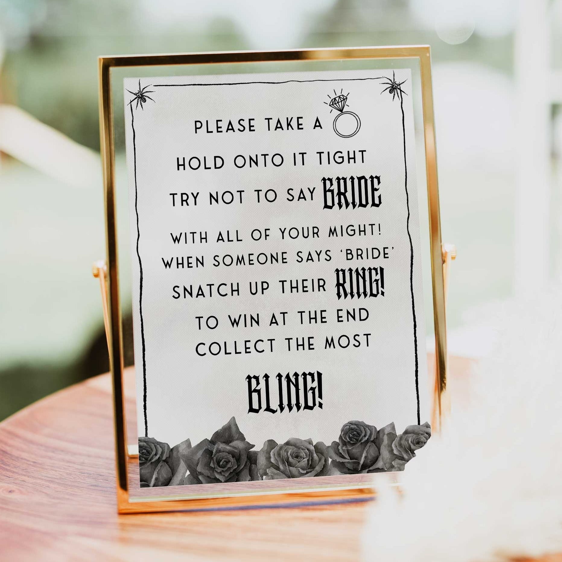 Fully editable and printable bridal shower please take a ring game with a gothic design. Perfect for a Bride or Die or Death Us To Party bridal shower themed party