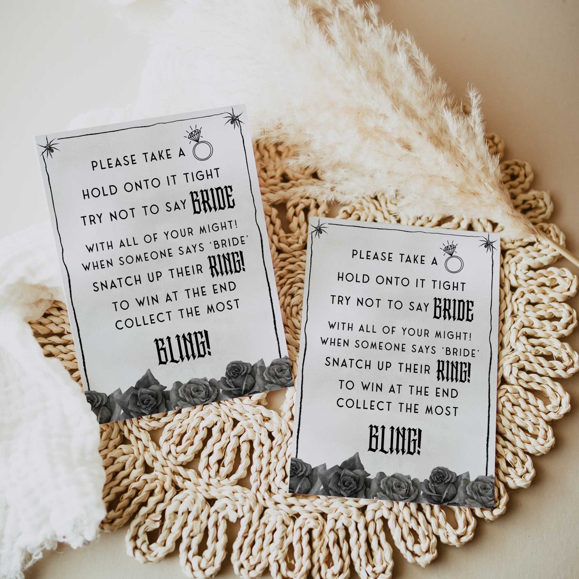 Fully editable and printable bridal shower please take a ring game with a gothic design. Perfect for a Bride or Die or Death Us To Party bridal shower themed party
