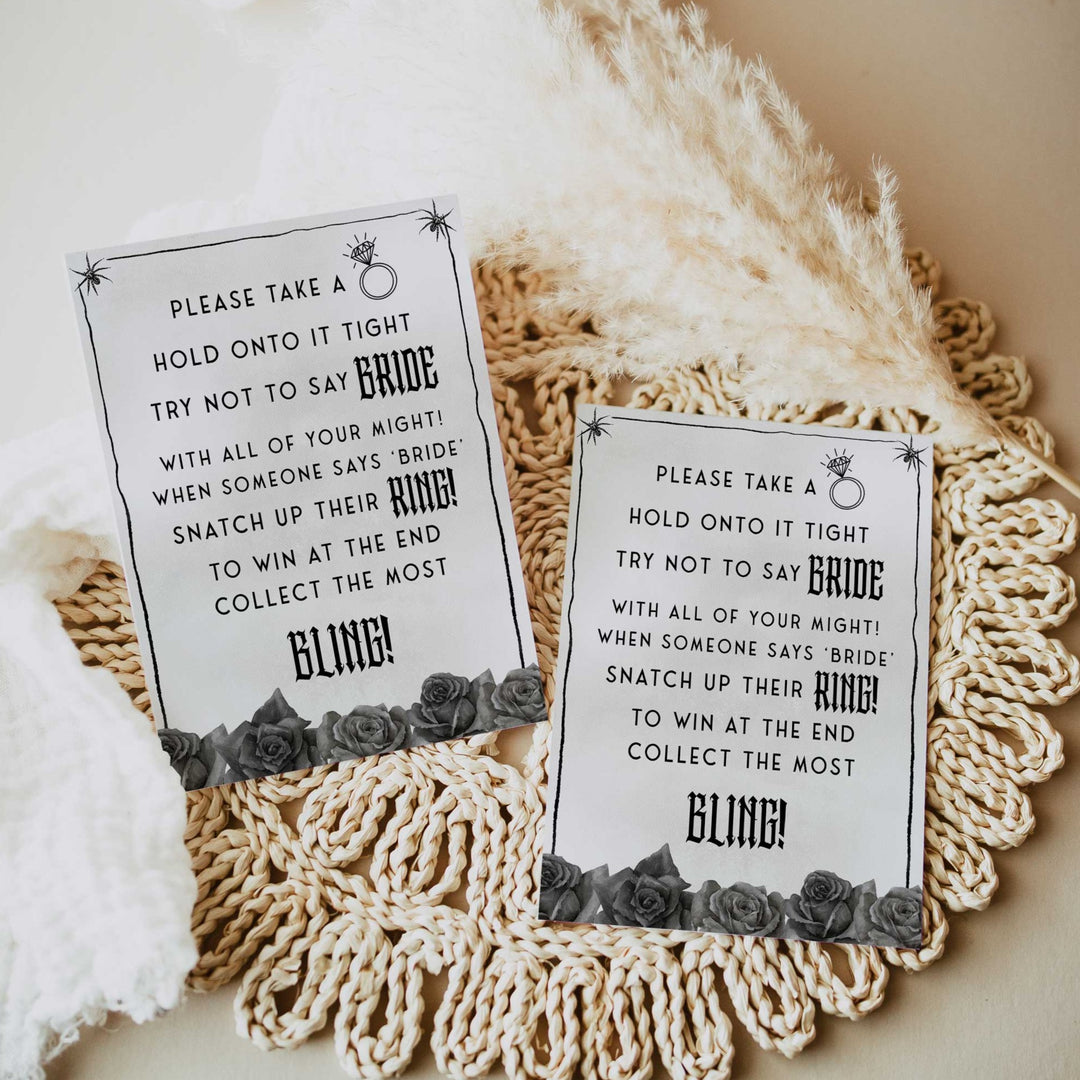 Fully editable and printable bridal shower please take a ring game with a gothic design. Perfect for a Bride or Die or Death Us To Party bridal shower themed party