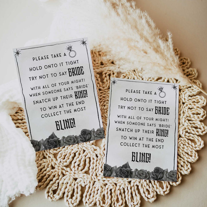 Fully editable and printable bridal shower please take a ring game with a gothic design. Perfect for a Bride or Die or Death Us To Party bridal shower themed party