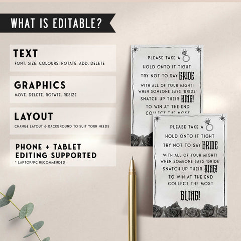 Fully editable and printable bridal shower please take a ring game with a gothic design. Perfect for a Bride or Die or Death Us To Party bridal shower themed party