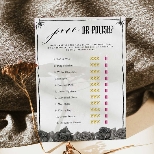 Fully editable and printable bridal shower porn or polish game with a gothic design. Perfect for a Bride or Die or Death Us To Party bridal shower themed party