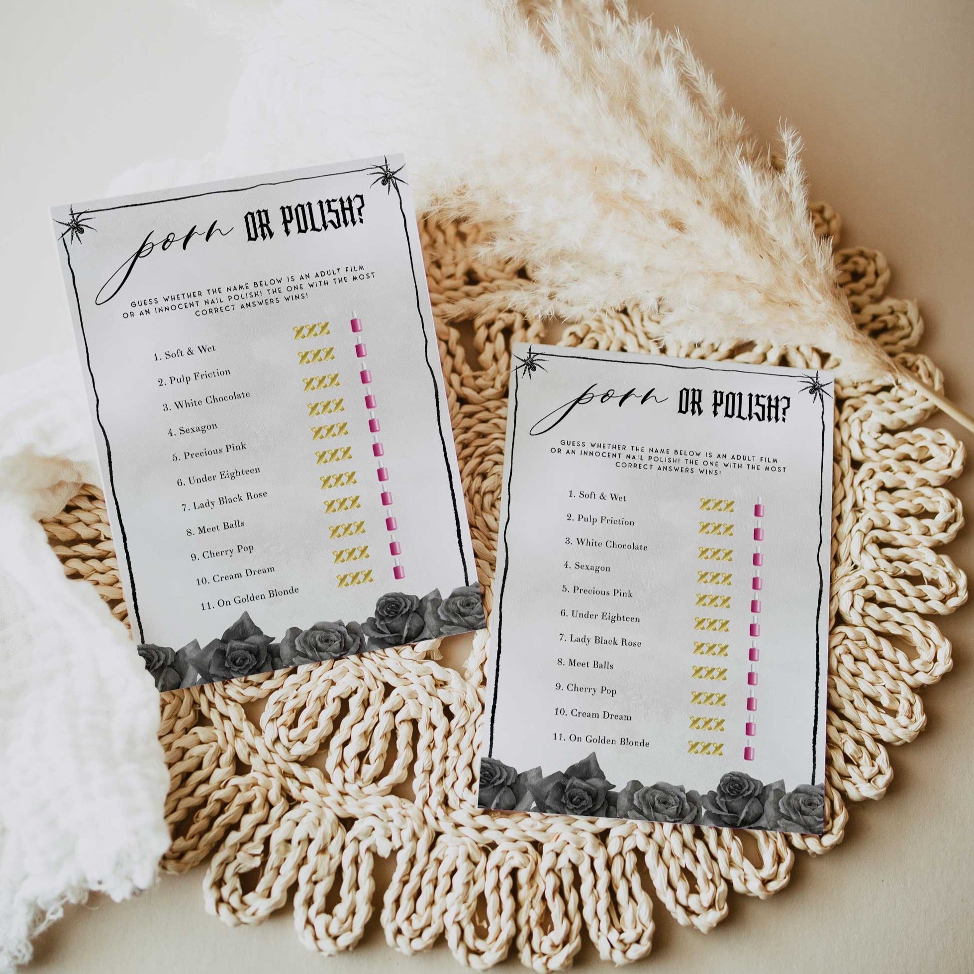 Fully editable and printable bridal shower porn or polish game with a gothic design. Perfect for a Bride or Die or Death Us To Party bridal shower themed party