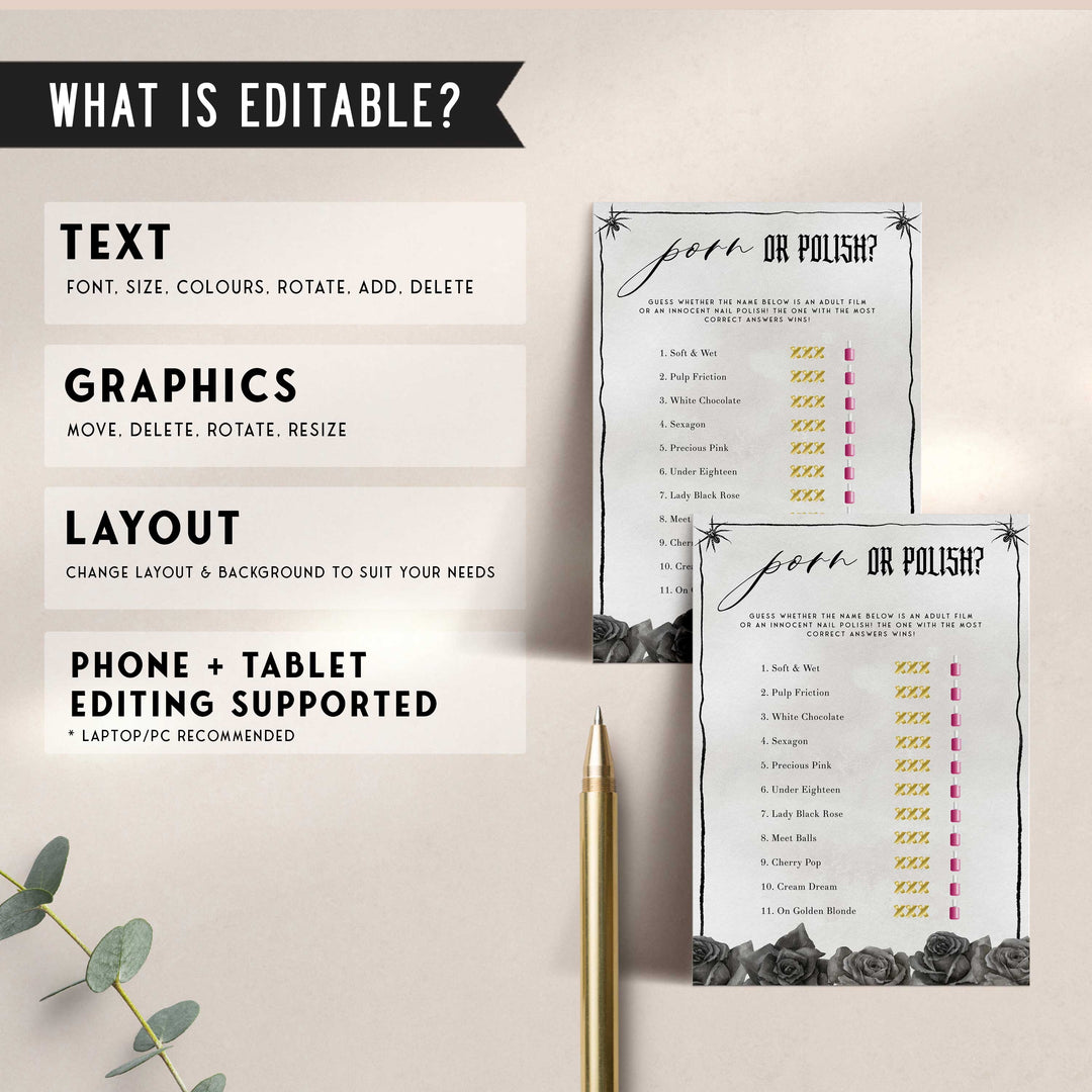 Fully editable and printable bridal shower porn or polish game with a gothic design. Perfect for a Bride or Die or Death Us To Party bridal shower themed party