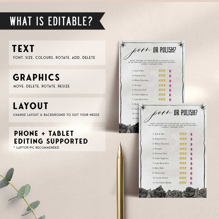 Fully editable and printable bridal shower porn or polish game with a gothic design. Perfect for a Bride or Die or Death Us To Party bridal shower themed party