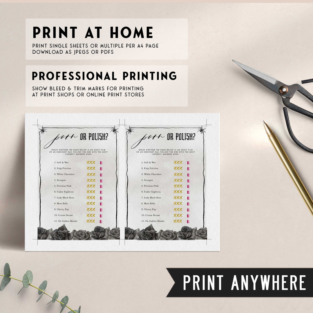Fully editable and printable bridal shower porn or polish game with a gothic design. Perfect for a Bride or Die or Death Us To Party bridal shower themed party