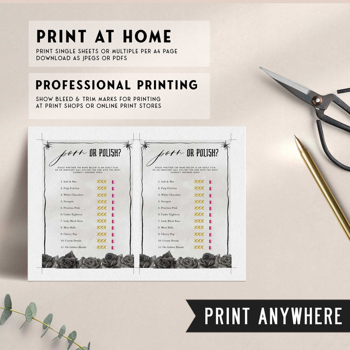 Fully editable and printable bridal shower porn or polish game with a gothic design. Perfect for a Bride or Die or Death Us To Party bridal shower themed party