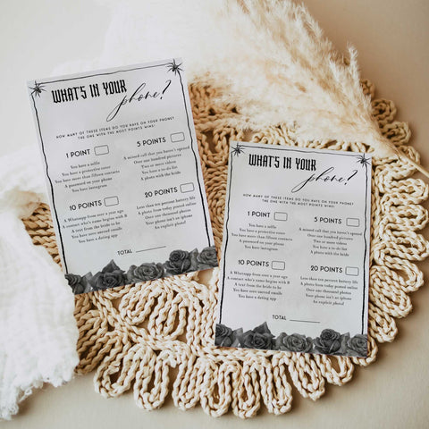 Fully editable and printable bridal shower what's in your phone game with a gothic design. Perfect for a Bride or Die or Death Us To Party bridal shower themed party
