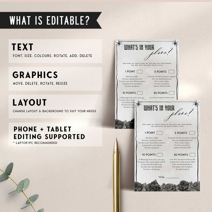 Fully editable and printable bridal shower what's in your phone game with a gothic design. Perfect for a Bride or Die or Death Us To Party bridal shower themed party