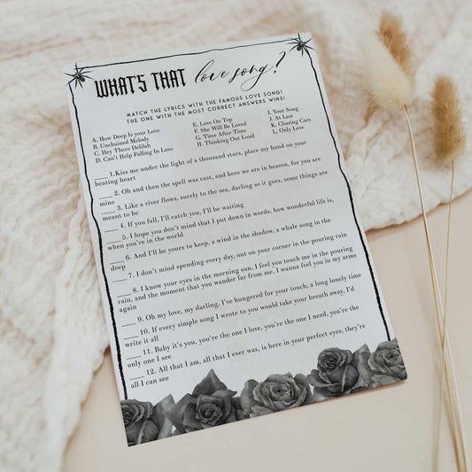 Fully editable and printable bridal shower what's that love song game with a gothic design. Perfect for a Bride or Die or Death Us To Party bridal shower themed party