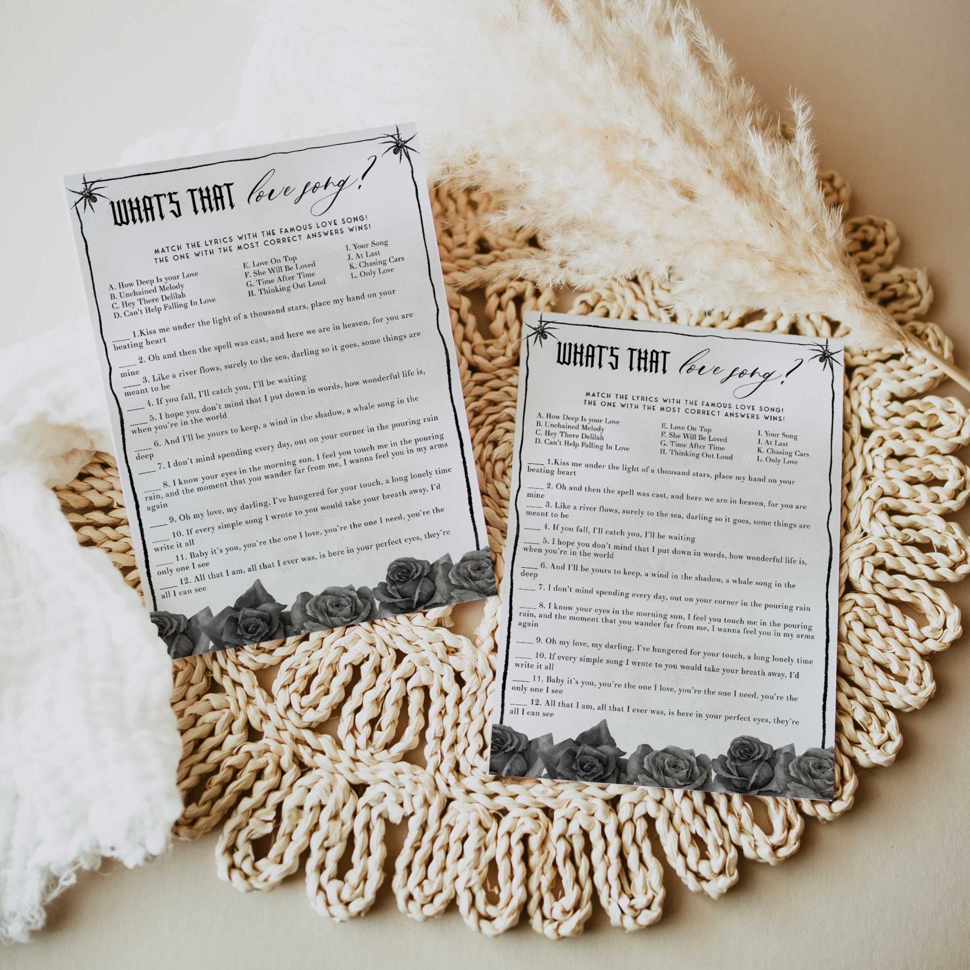 Fully editable and printable bridal shower what's that love song game with a gothic design. Perfect for a Bride or Die or Death Us To Party bridal shower themed party