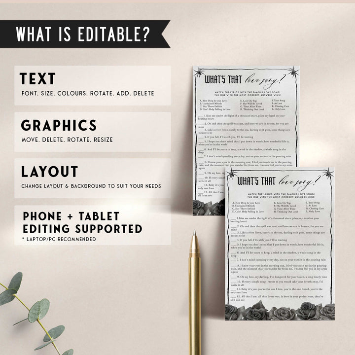 Fully editable and printable bridal shower what's that love song game with a gothic design. Perfect for a Bride or Die or Death Us To Party bridal shower themed party