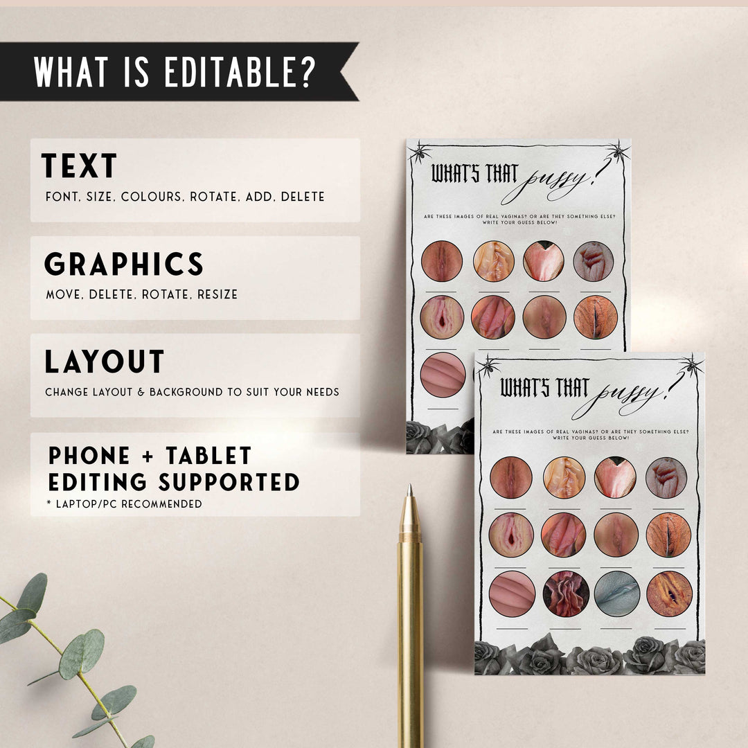 Fully editable and printable bridal shower whats that pussy game with a gothic design. Perfect for a Bride or Die or Death Us To Party bridal shower themed party