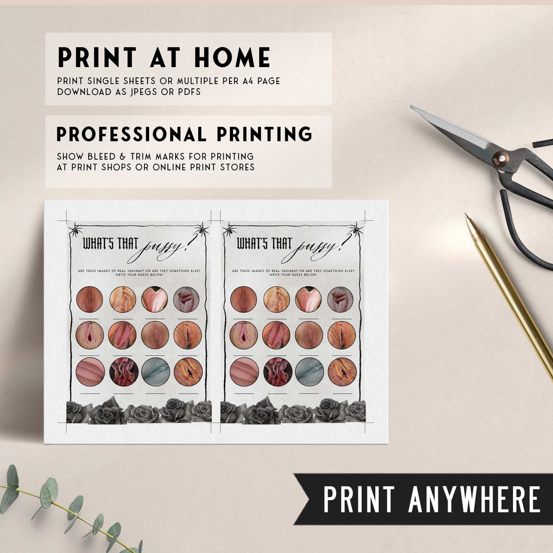 Fully editable and printable bridal shower whats that pussy game with a gothic design. Perfect for a Bride or Die or Death Us To Party bridal shower themed party