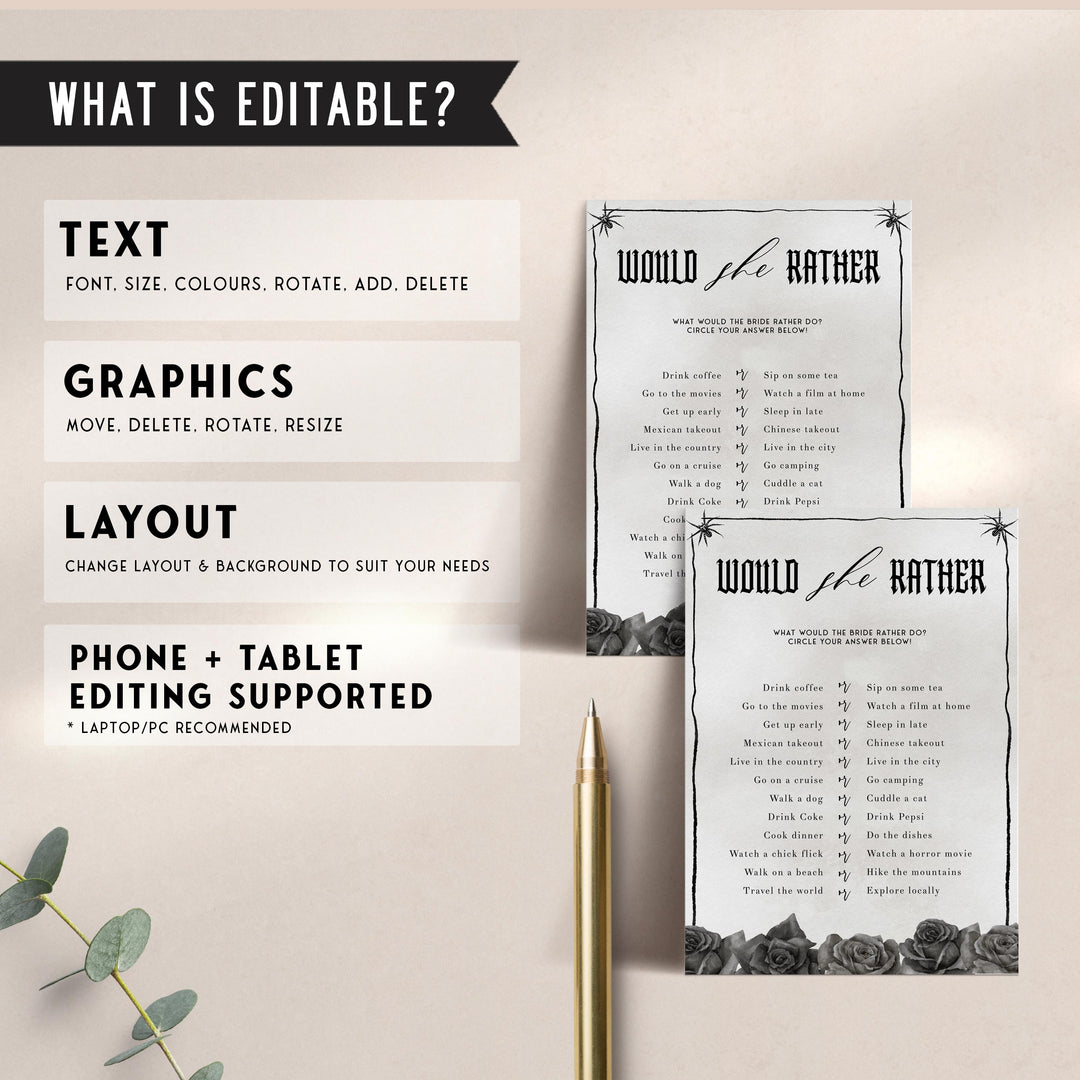 Fully editable and printable bridal shower would she rather game with a gothic design. Perfect for a Bride or Die or Death Us To Party bridal shower themed party