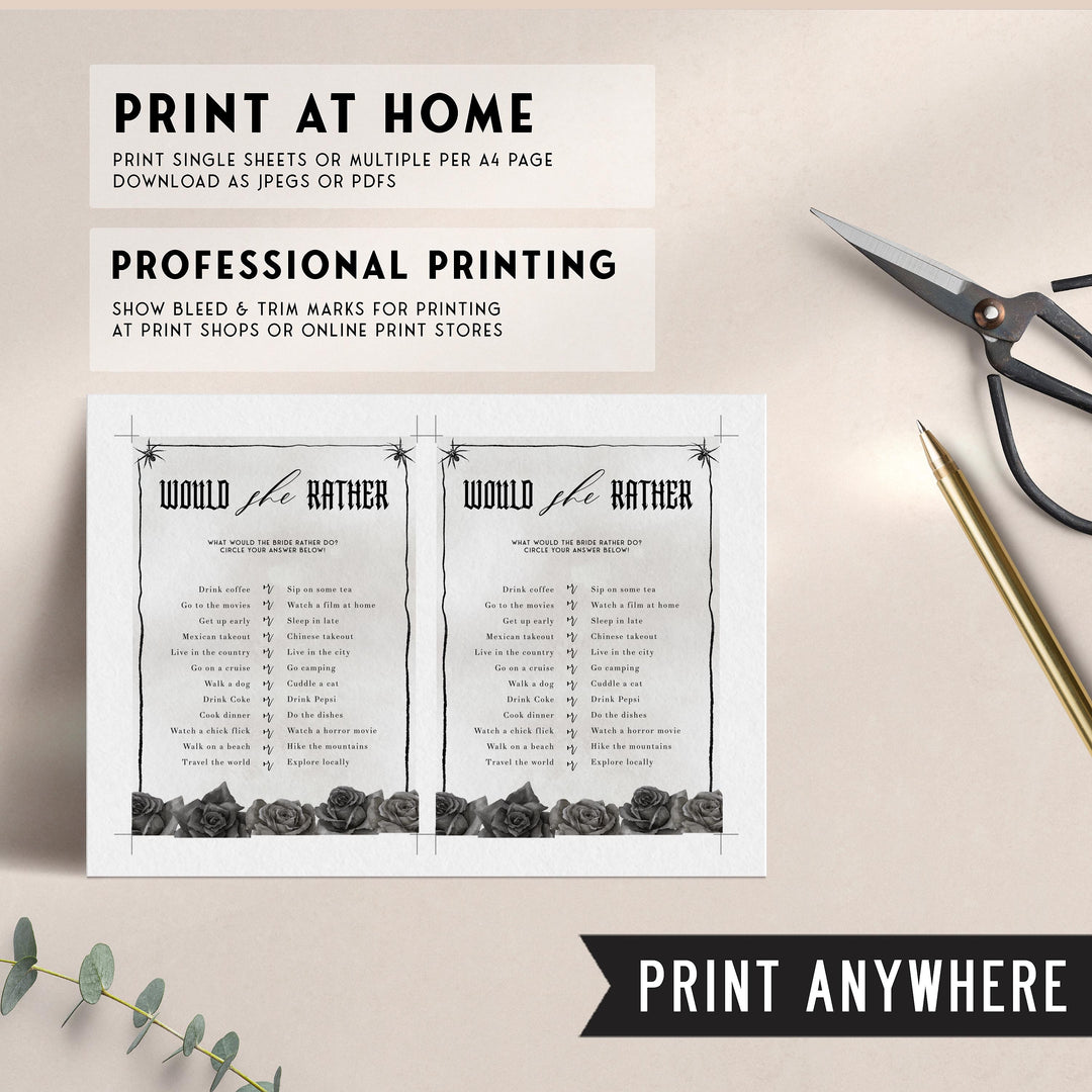 Fully editable and printable bridal shower would she rather game with a gothic design. Perfect for a Bride or Die or Death Us To Party bridal shower themed party