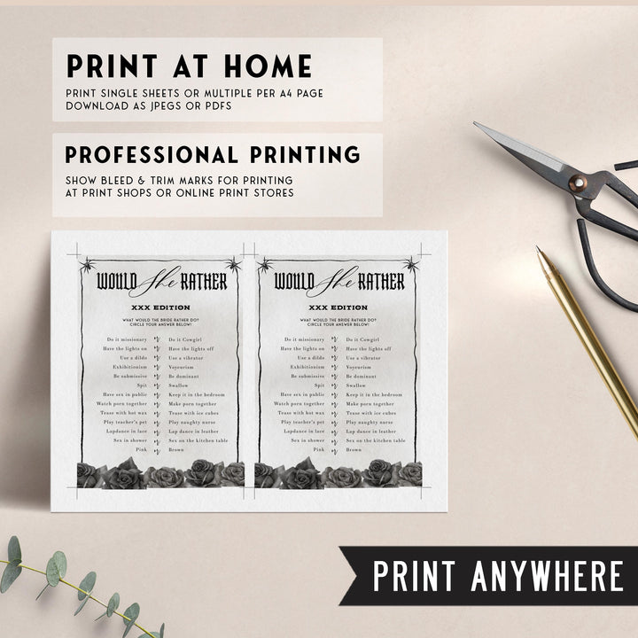 Fully editable and printable bridal shower dirty would she rather game with a gothic design. Perfect for a Bride or Die or Death Us To Party bridal shower themed party