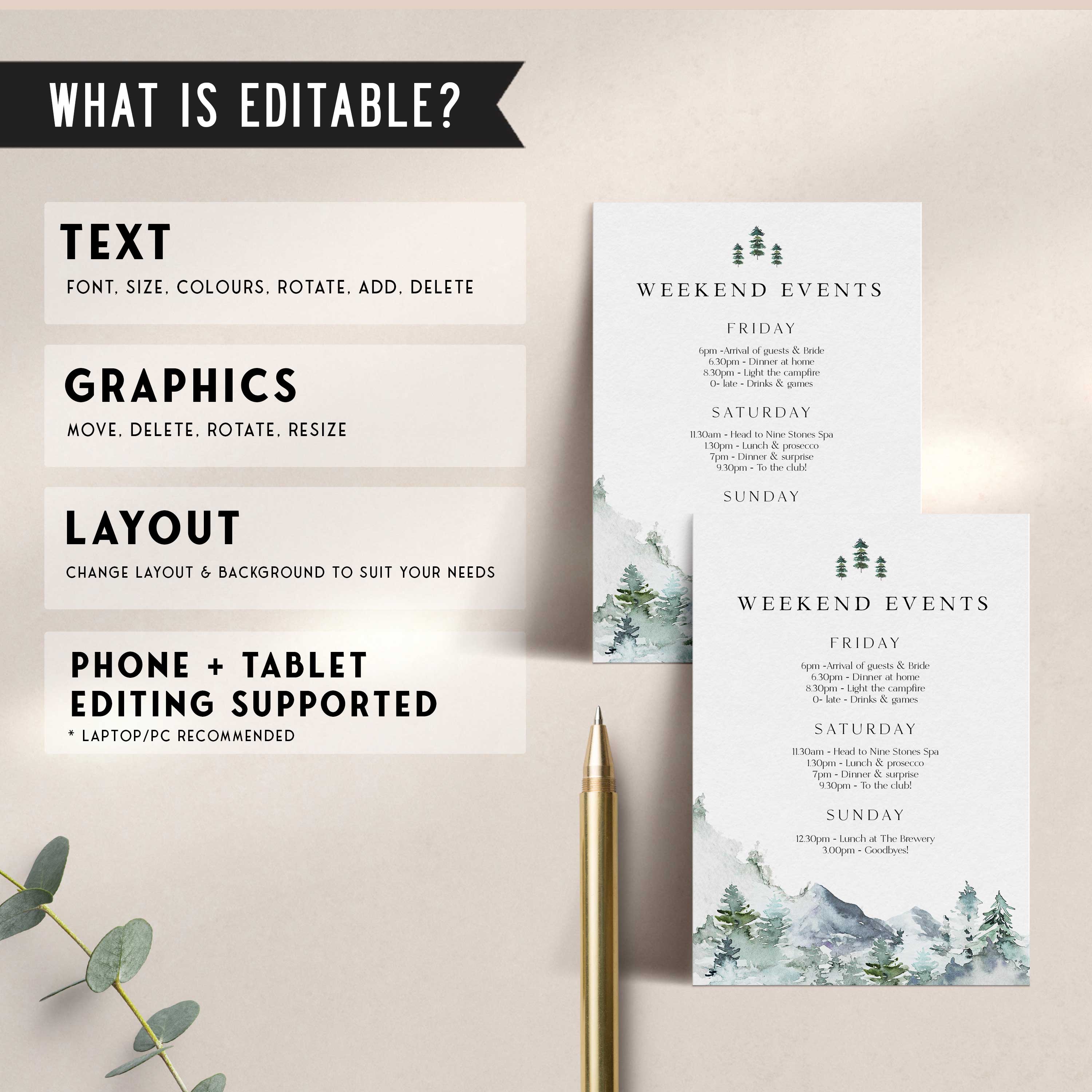 Fully editable and printable mountain cabin invitation with a mountain design. Perfect for a snowy cabin mountain bridal shower