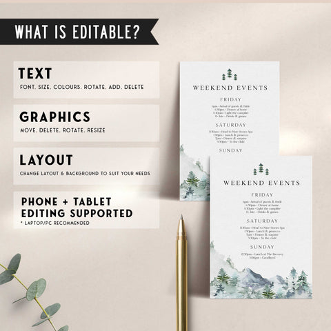 Fully editable and printable mountain cabin invitation with a mountain design. Perfect for a snowy cabin mountain bridal shower