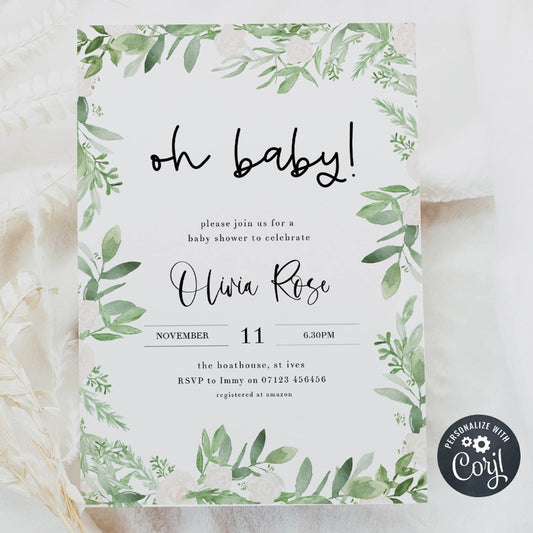 Oh baby baby shower invitation, Editable baby shower invitations, printable baby shower invitations, green leaf baby shower invitations, botanical baby shower invitations, floral baby shower ideas, floral baby shower theme
