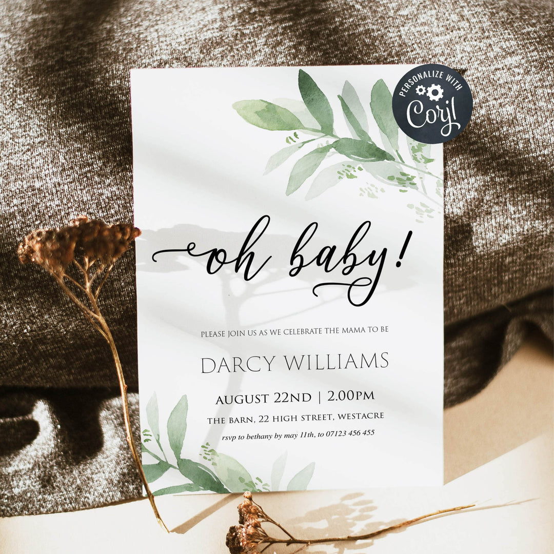 oh baby baby shower invite, editable baby shower invitations, botanical baby shower invitations, printable baby shower invitations, baby shower invite