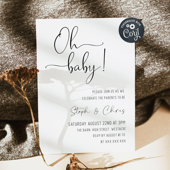 oh baby baby shower invitations, printable baby shower invitations, editable baby shower invites, minimalist baby shower