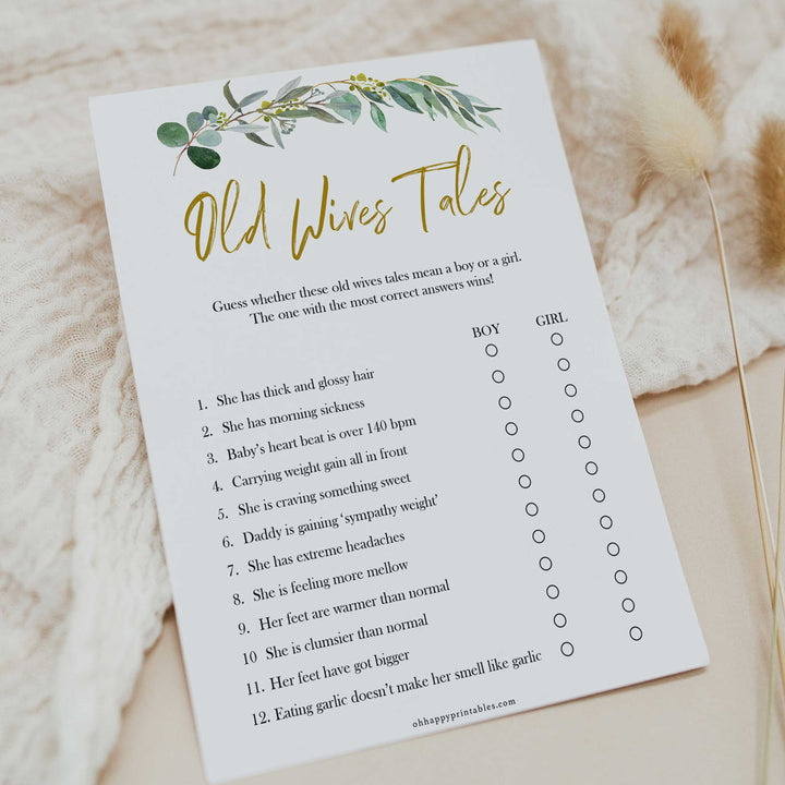 Eucalyptus baby shower games, old wives tales baby game, fun baby shower games, printable baby games, baby shower ideas, baby games, baby shower baby shower bundle, baby shower games packs, botanical baby shower