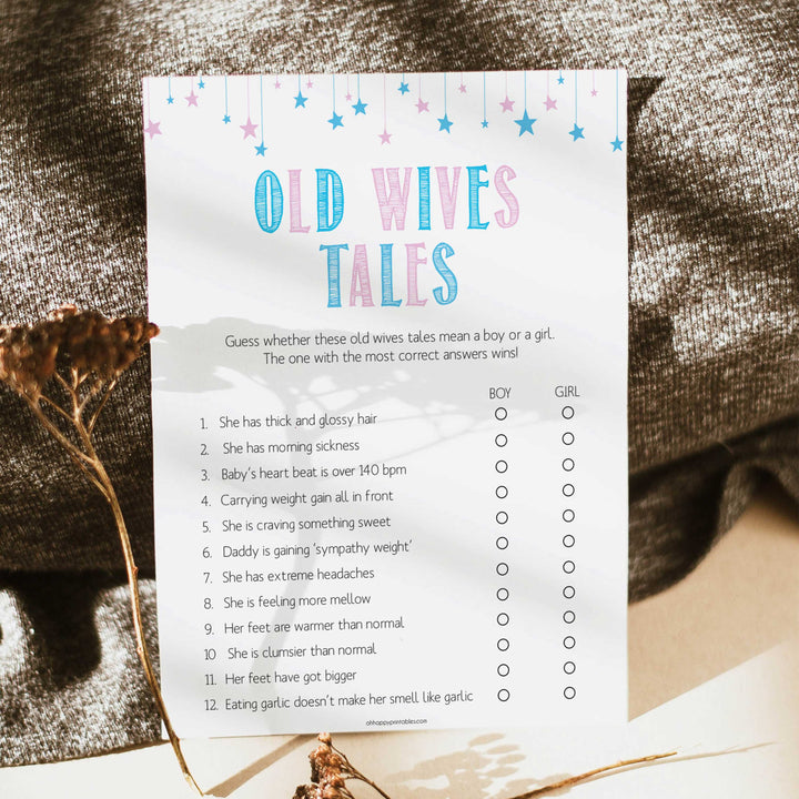 old wives tales baby shower game, printable baby shower games, gender reveal baby game
