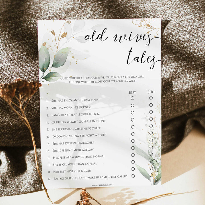 Gold green leaf baby games, old wives tales, printable baby games, fun baby games, top baby games to play, gold leaf baby shower, greenery baby shower ideas