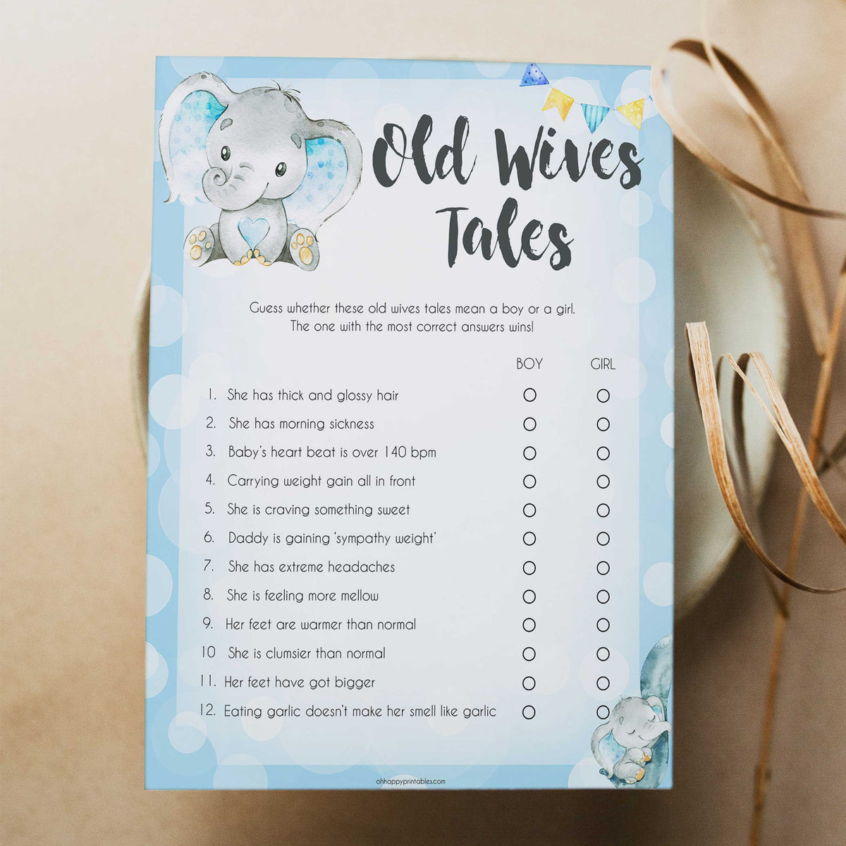 Blue elephant baby games, old wives tales, elephant baby games, printable baby games, top baby games, best baby shower games, baby shower ideas, fun baby games, elephant baby shower
