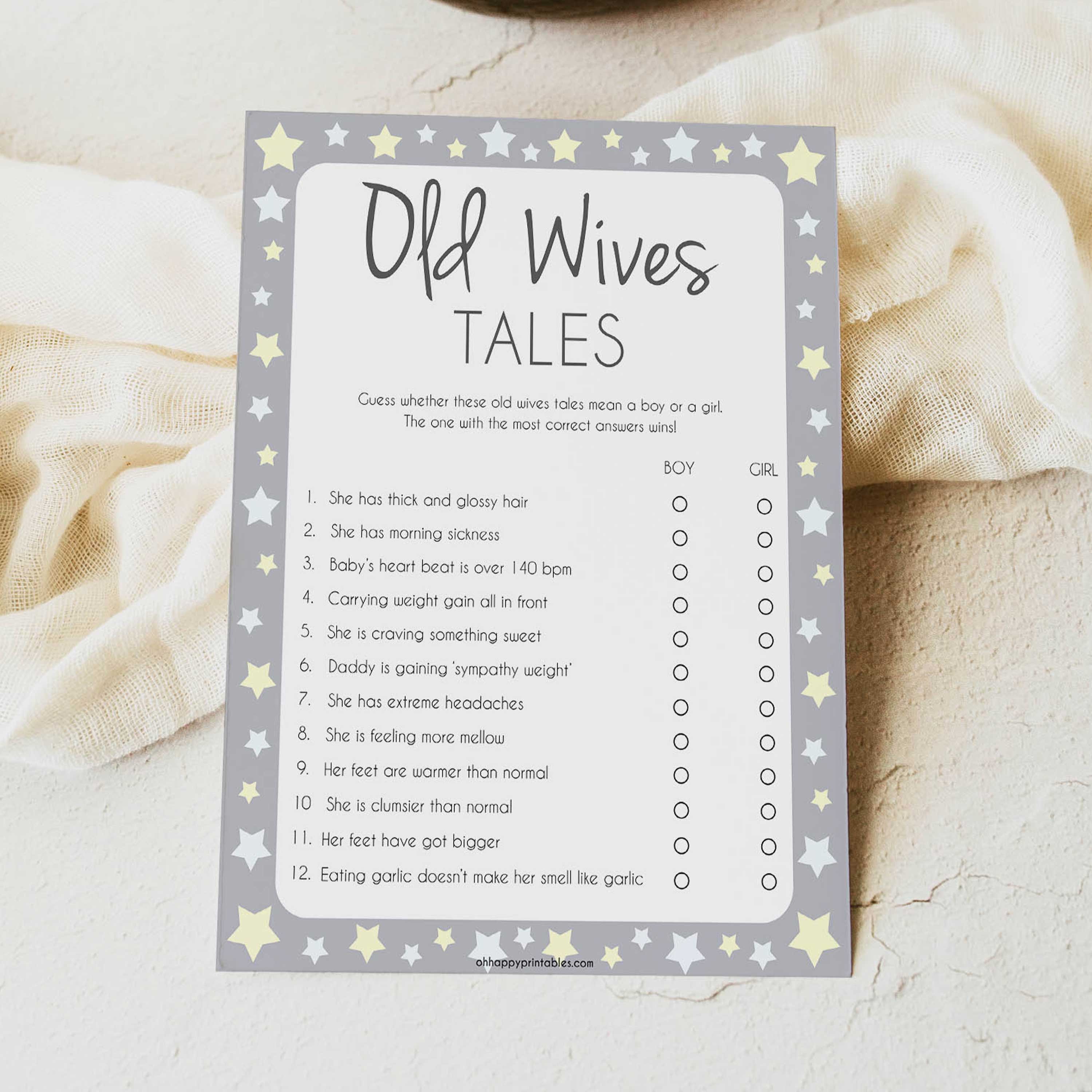 grey & yellow stars, old wives tales game, printable baby shower games, fun baby games, top baby shower games, star baby games, little star baby shower
