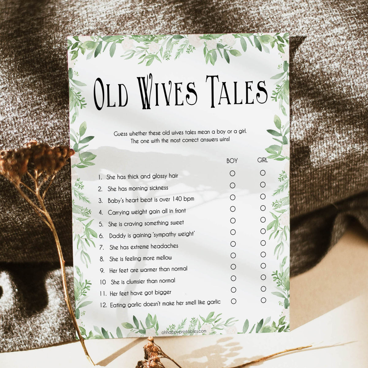 old wives tales baby game, Printable baby shower games, greenery baby shower games, fun floral baby games, botanical baby shower games,