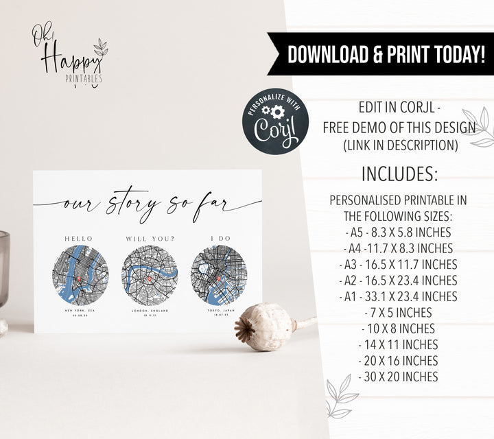 Hello, Will You, I Do Custom Map Printable, Met Engaged Married Map, Gifts For Him, Christmas Gifts, Our Story So Far, Personalised Map