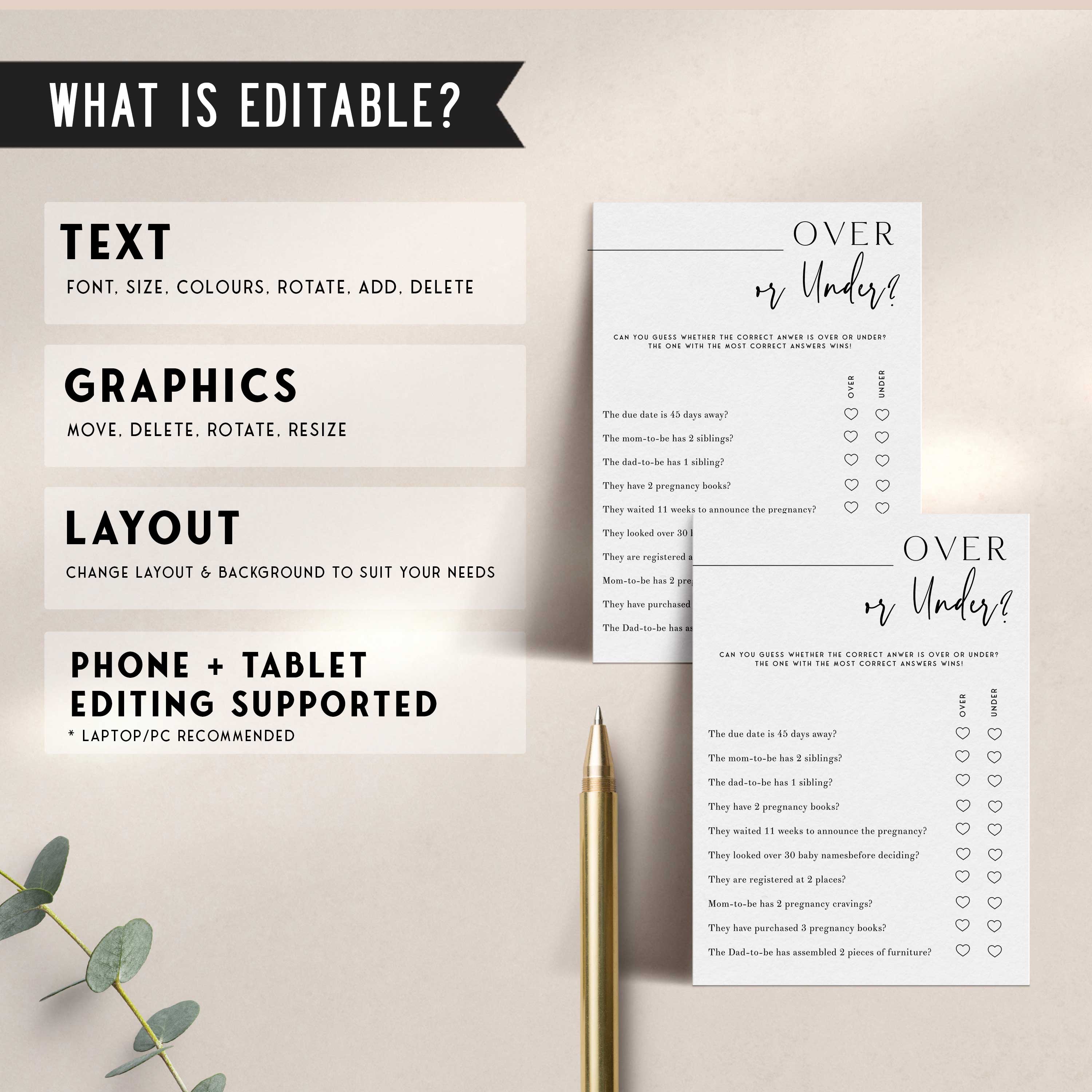 Printable baby shower game Over or Under with a modern minimalist design