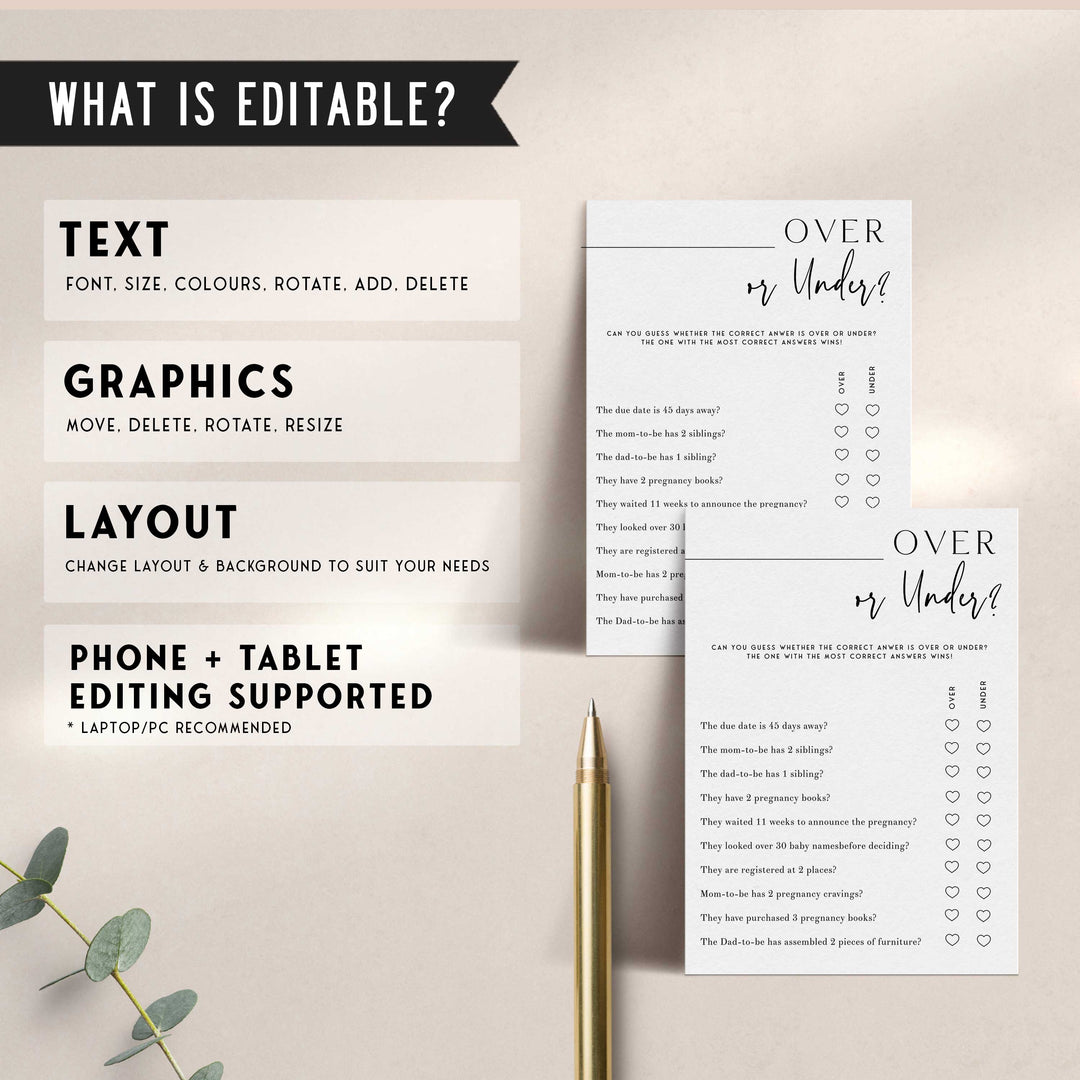 Printable baby shower game Over or Under with a modern minimalist design