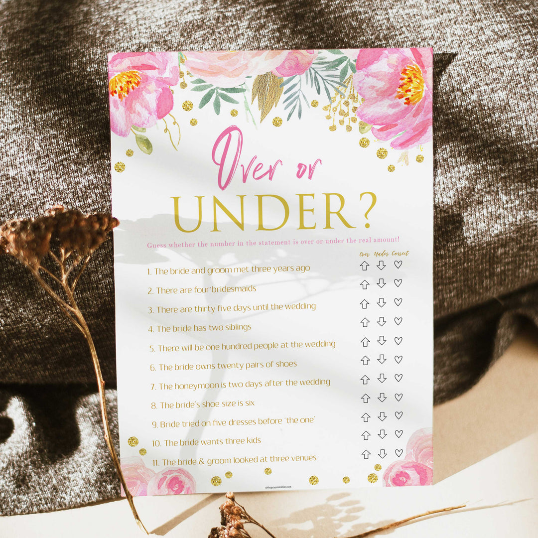over or under game, printable bridal shower games, blush floral bridal shower games, fun bridal shower games