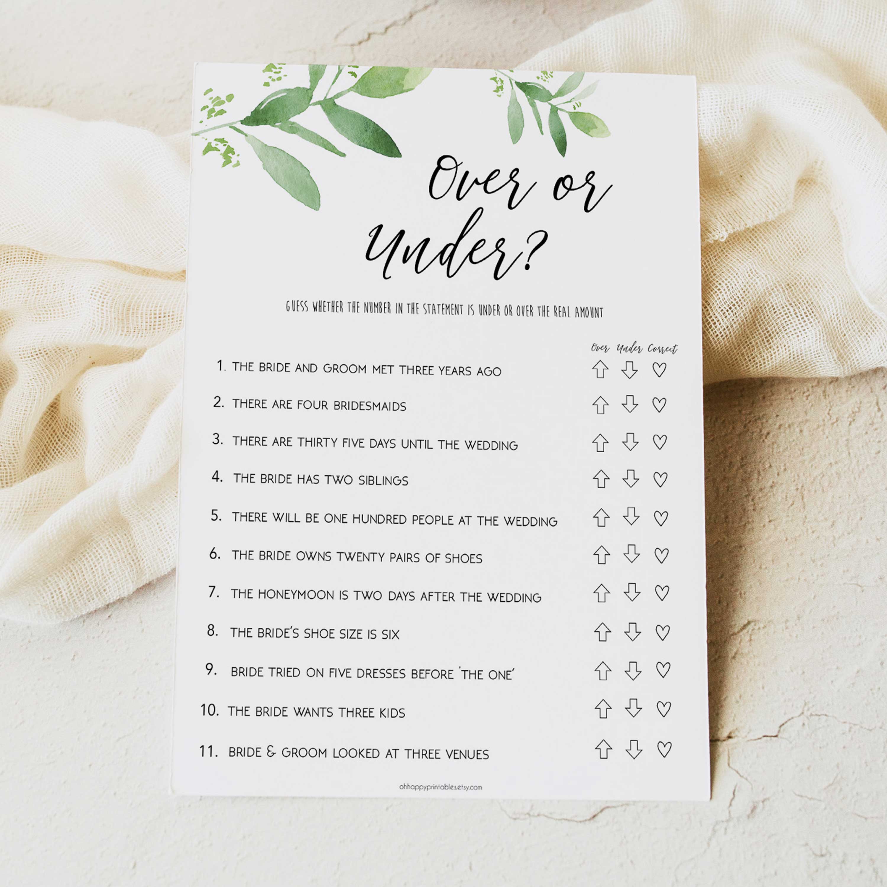 over or under game, greenery bridal shower, fun bridal shower games, bachelorette party games, floral bridal games, hen party ideas