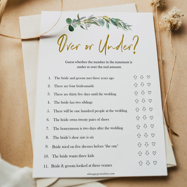 Over or Under Game, Bridal shower games, printable bridal shower games, eucalyptus greenery bridal games