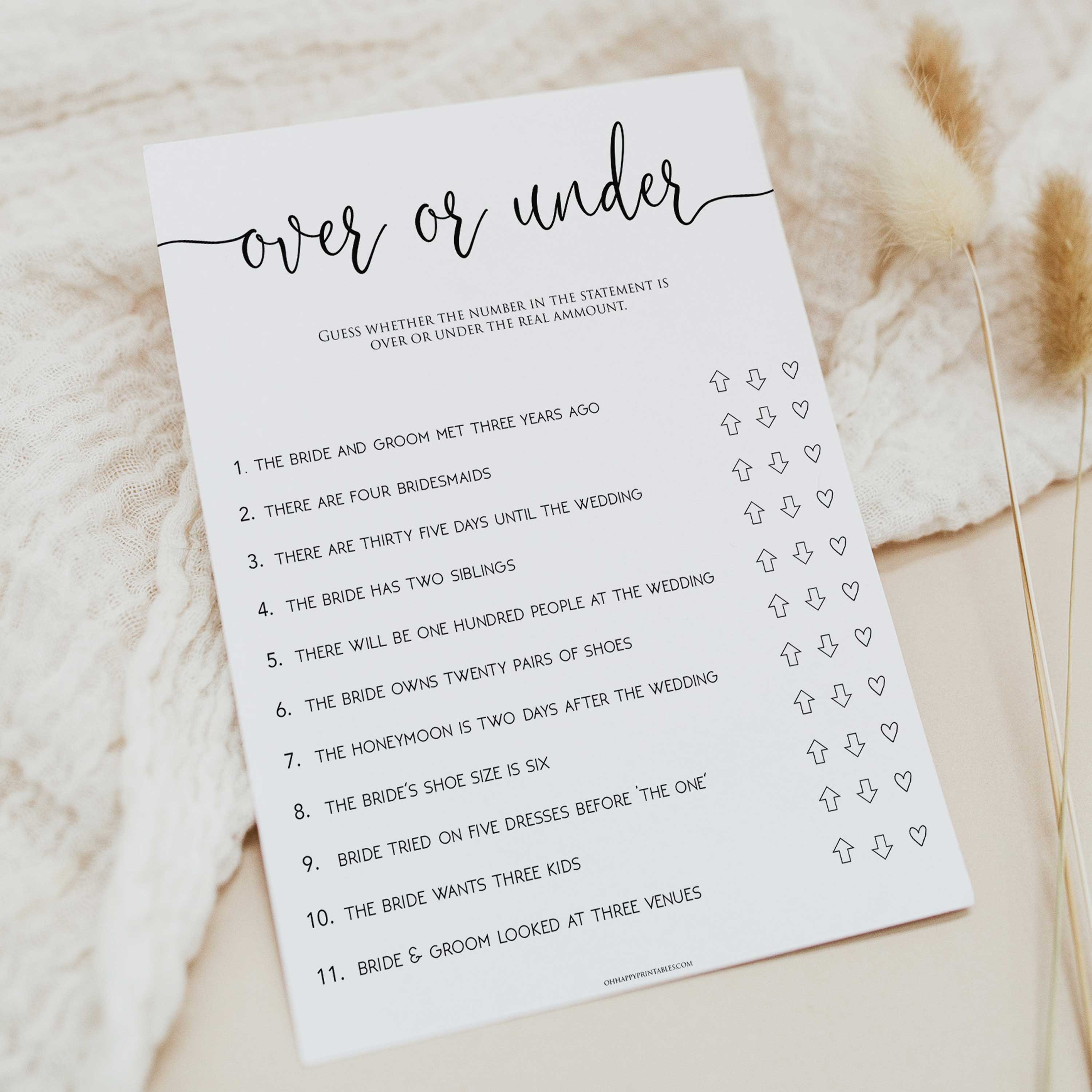 Printable Bridal Shower Game Over Under