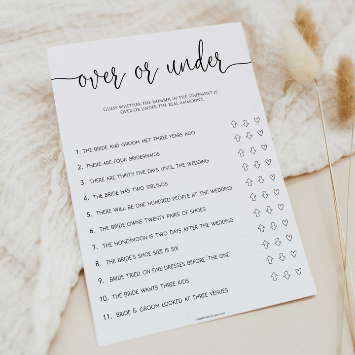 minimalist bridal shower games, over or under, bridal shower games bundle, printable bridal games, bridal shower games, how knows the bridal, top bridal shower games