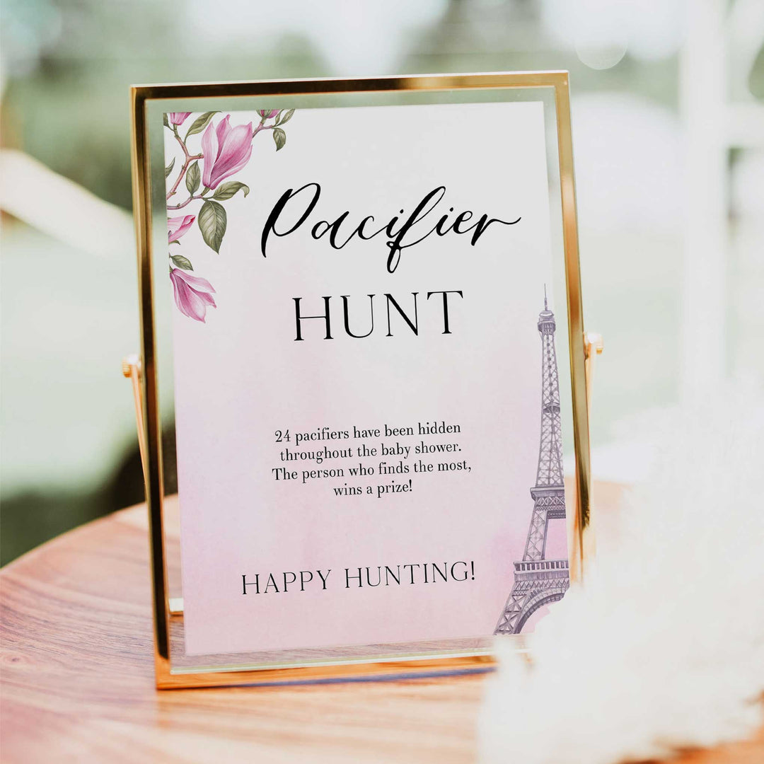 pacifier hunt baby game, Paris baby shower games, printable baby shower games, Parisian baby shower games, fun baby shower games