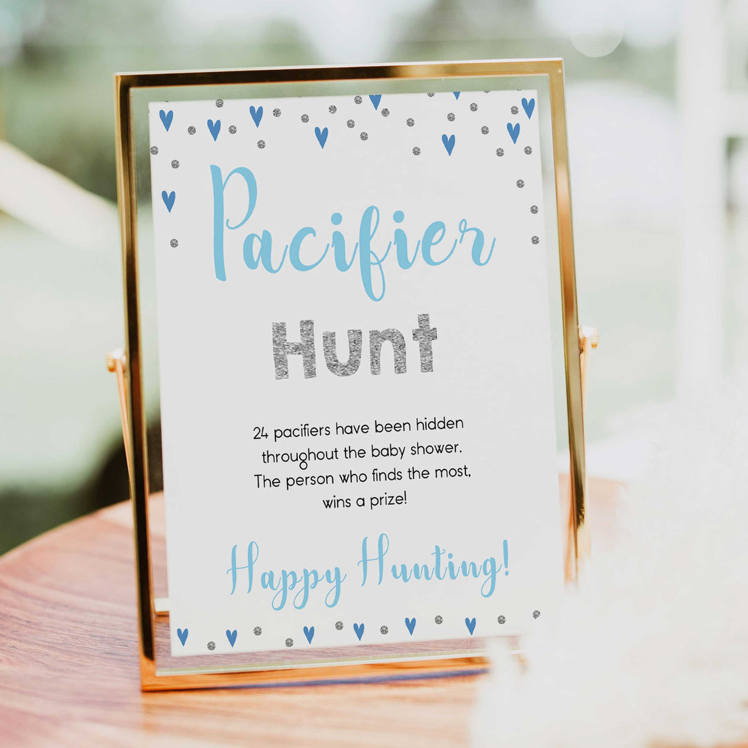pacifier hunt game, Printable baby shower games, small blue hearts fun baby games, baby shower games, fun baby shower ideas, top baby shower ideas, silver baby shower, blue hearts baby shower ideas