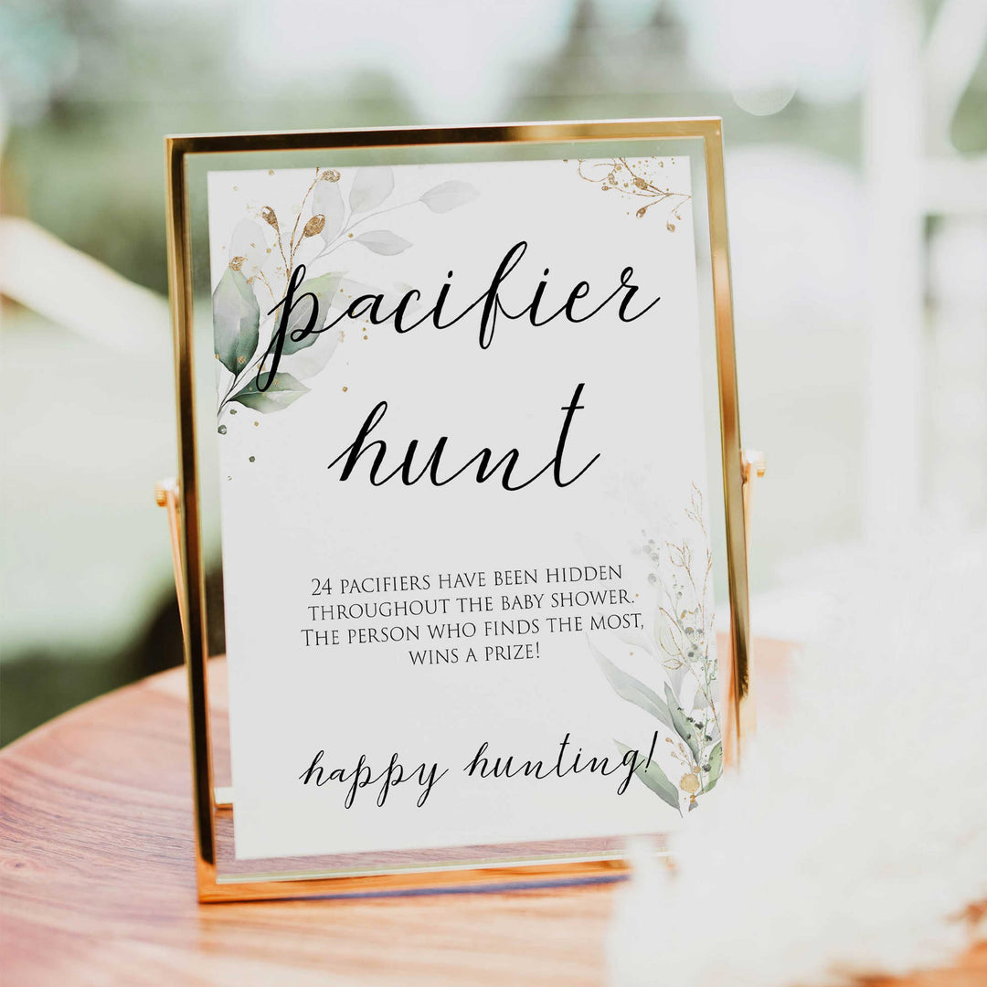 Gold green leaf baby games, pacifier hunt, printable baby games, fun baby games, top baby games to play, gold leaf baby shower, greenery baby shower ideas