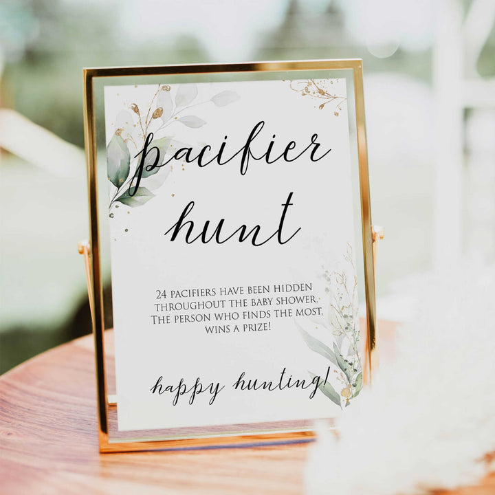 Gold green leaf baby games, pacifier hunt, printable baby games, fun baby games, top baby games to play, gold leaf baby shower, greenery baby shower ideas