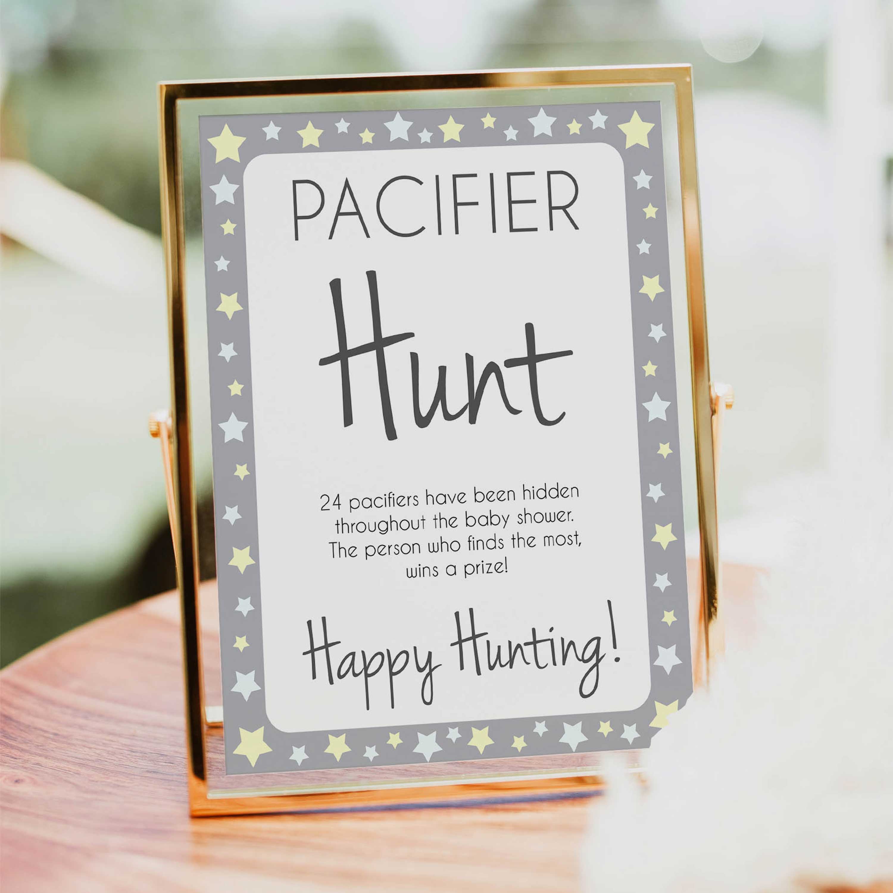 grey & yellow stars, pacifier hunt game, printable baby shower games, fun baby games, top baby shower games, star baby games, little star baby shower