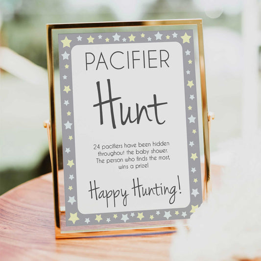 grey & yellow stars, pacifier hunt game, printable baby shower games, fun baby games, top baby shower games, star baby games, little star baby shower