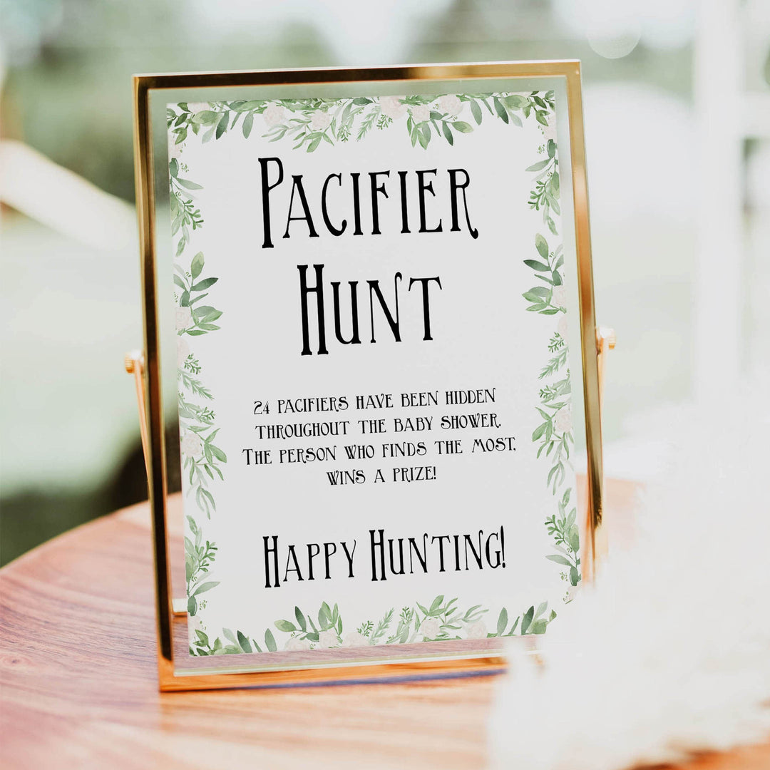 Pacifier hunt baby game, Printable baby shower games, greenery baby shower games, fun floral baby games, botanical baby shower games,